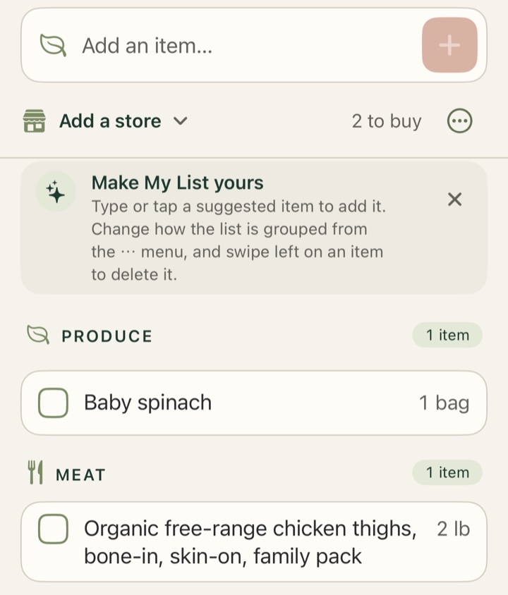 The shared grocery list, grouped by category with checkboxes.
