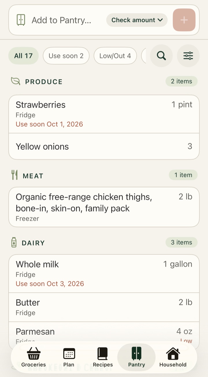 The Pantry tab in Menu & Market: items grouped by category, each with its amount, where it is kept and a use-soon date.
